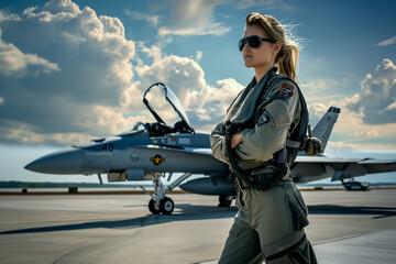 female military pilot in front of plane