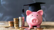 © Iqra Iltaf - Piggy bank wearing a graduation cap on the table with stack of coins. Save money for education student loan or college fund