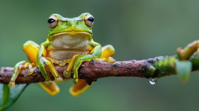 Close up of Litoria infrafrenata tree frog stepping on a branch