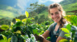 © Iryna - A woman among green coffee plants on the background of mountains