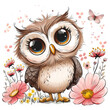 Illustration of cute owlet in flowers and herbs. Floral arrangement with owl for print and baby design