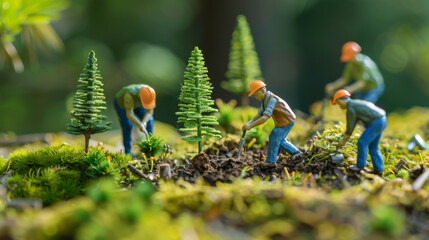 Wall Mural - Close-up of tiny people planting trees on a lush mossy landscape, demonstrating reforestation efforts in a detailed miniature model