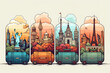 Set of doodle illustrations on the theme of travel. Trip to European countries concept. Tourist weekend