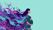Schwanger Frau mit fliegenden Haaren als Zeichnung in bunten blauen Farben mit Platzhalter, ai generativ