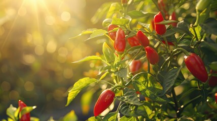 Wall Mural - Colorful Bird Chili Plant with Ripe Peppers on Tree Suitable for Ornamental or Vegetable Garden