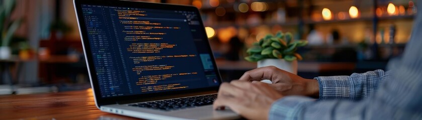 Coder working on a laptop with programming code on the screen