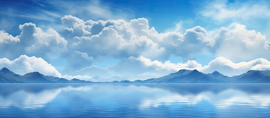Wall Mural - A detailed artwork depicting blue skies beautiful clouds mountains and a lake with copy space image