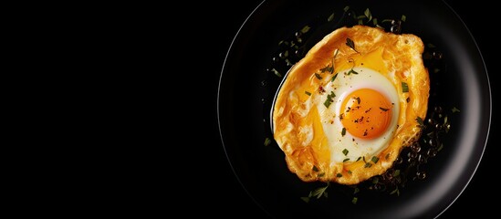A copy space image featuring a frying egg with a savory omelette plated over a contrasting white and black backdrop