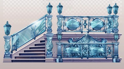 Wall Mural - A modern realistic mockup of different sections of a clear acrylic fence with metal railing isolated on a transparent background.