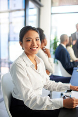 Sticker - Woman, employee and smile on portrait in boardroom with pride for career grow and opportunity as accountant. Female person, people and office for business meeting with workshop for feedback.