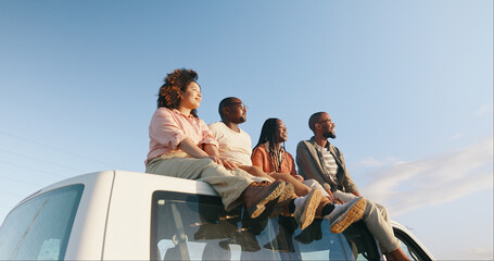 Poster - Road trip, friends and view on a van with conversation, freedom and travel outdoor on a holiday. Vacation, smile and happy people on a caravan together on a journey and adventure with transportation