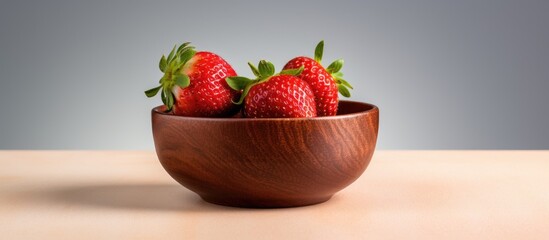 Poster - A close up macro shot of a fresh strawberry placed in a ceramic brown bowl with the image isolated on a white background leaving copy space