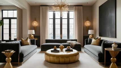 A large living room with a black couch and two other couches. A gold coffee table sits in the middle of the room. A black framed painting hangs on the wall. The room is well lit and has a modern