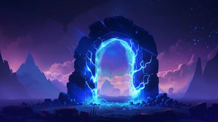 Wall Mural - A magic portal in stone frame on a desert landscape at night. Modern cartoon fantasy illustration with glowing mystic neon.