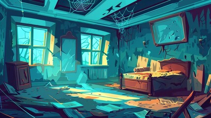 Wall Mural - An abandoned bohemian bedroom interior with cracked walls, broken ceilings, and spider webs, for a cartoon illustration of a deserted home, hotel, or apartment.