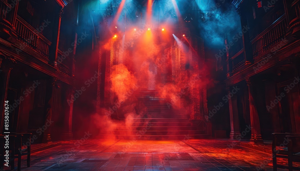 Theater stage with actors posing questions and a spotlight revealing ...