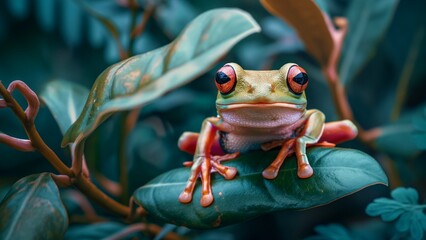 Wall Mural - A little frog on a green leaf for flora and fauna concept.