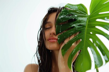 Beautiful girl with wet hair holding tropical leaf in studio.