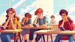 © Mark - Cell phone chat in a classroom during a mathematics lesson, gadget obsession concept with bored teenagers seated at desks talking on their smartphones, Cartoon modern illustration