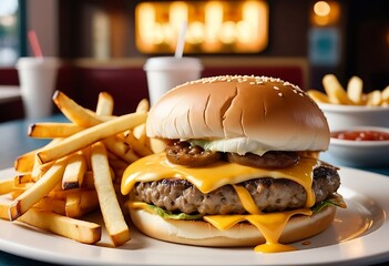 delicious hamburger on a plate double cheese burger with fries blur restaurant in background 