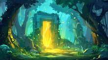 Forest Or Jungle Portal, Mysterious Background With A Glowing Yellow Plasma Gate Entrance In Deep Wood With Trees And Lianas. Fantasy Game Environment, Cartoon Modern Illustration.