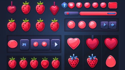 Wall Mural - Cartoon set of gui elements from red berries including bar, menu, and login frames with strawberry texture.