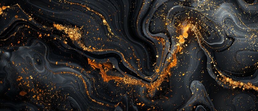 Abstract black and gold liquid marble texture.