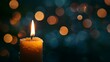 © horizon - A single candle flickering softly against the darkness, casting an ethereal glow on a dark background with bokeh lights.