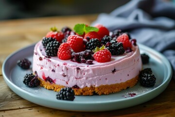 Wall Mural - Sweet Berry cheesecake. Pastry creamy fruit. Generate Ai