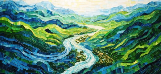 Wall Mural - A mosaic of mountains and a sun with a blue sky background