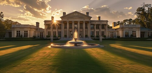 Wall Mural - The fasection ade of a neoclassical mansion bathed in the golden light of the setting sun, grand columns casting long shadows across the expansive lawn.