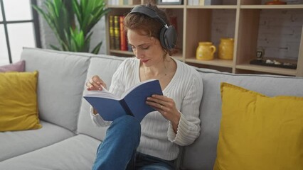 Sticker - A young woman in casual wear with headphones on, reads a book while relaxing on a cozy couch in a stylish living room.