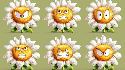 Wall Mural - Cute little camomile flower character modern icon set. Groovy cartoon comic bloom plant floral emotion. A white petal on a camomile head isolated on a bright background with smiley and angry