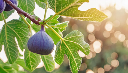 Wall Mural - Branch with ripe purple figs. Organic garden fruit. Natural farm harvest. Healthy food. Blurred bokeh