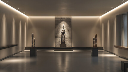 Wall Mural - A sleek, modern tribal art gallery with clean lines and a focus on one central tribal sculpture, lit by soft lights.