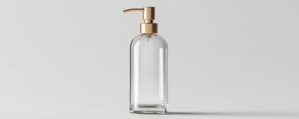 Mockup of a clear glass pump bottle with a gold pump, isolated on a white background, emphasizing the elegance for cosmetic products