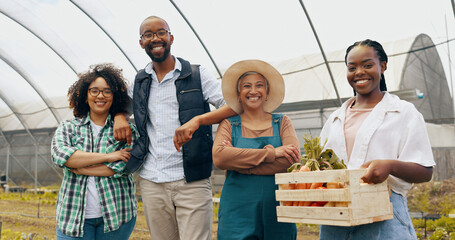 Wall Mural - Farm, agriculture or face of farmers with basket of vegetables, harvest or fresh produce. Farming sustainability, greenhouse or happy people with teamwork or crate of organic, natural or healthy food