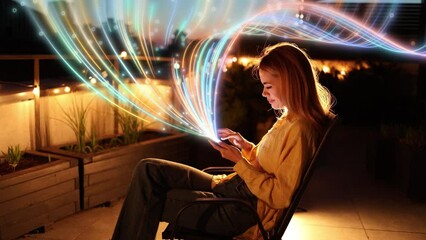 Beautiful Smiling Woman Using Smartphone sitting Outdoors at Night. Visualization of the Internet by information lines flying to the global digital network. Global network connection
