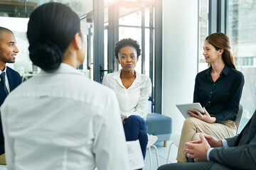Leinwandbilder - Interview, discussion and businesspeople in modern office with meeting for job with employment conversation. Hiring, corporate and potential employee for law firm in Germany with technology.