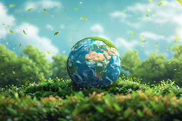 Wall Mural - A vibrant blue and green eco Earth globe symbolizes environmental world protection and ecological conservation, promoting the message 