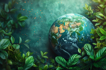 Wall Mural - A vibrant blue and green eco Earth globe symbolizes environmental world protection and ecological conservation, promoting the message 