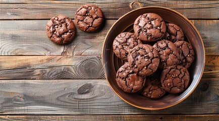 Canvas Print - Plate of homemade chocolate cookies on a wooden table, top view.