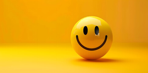 Happy yellow smile emoji isolated on yellow background with copyspace for text