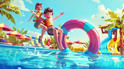 A summer waterpark with a slide and pool for the kids. Children amusement and attractions. A playground with an inflatable ring for jumping and fun.