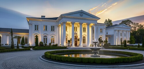 Wall Mural - The regal presence of a neoclassical mansion at golden hour, its white facade and grand columns highlighted against the backdrop of a softly lit sky.