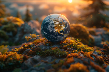 Wall Mural - A vibrant blue and green eco Earth globe symbolizes environmental world protection and ecological conservation, promoting the message 