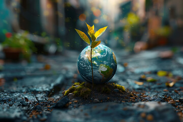 Wall Mural - A vibrant blue and green eco Earth globe symbolizes environmental world protection and ecological conservation, promoting the message 