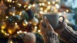 © Irina Sharnina - Woman holding a cup of delicious cocoa against the background of blurry Christmas lights, close-up. Winter cozy holidays
