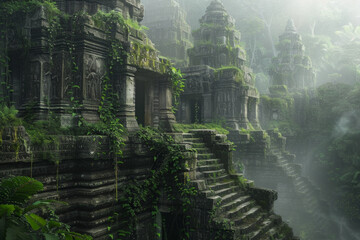 Majestic ancient ruins rising from the heart of a verdant jungle, with moss-covered stones, intricate carvings, and towering temple spires.