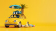 © Mangata Imagine - A car with summer vacation accessories on top, yellow minimal background, concept space for a banner design in the style of copy space, summer travel and holiday advertising concept, 3d render style